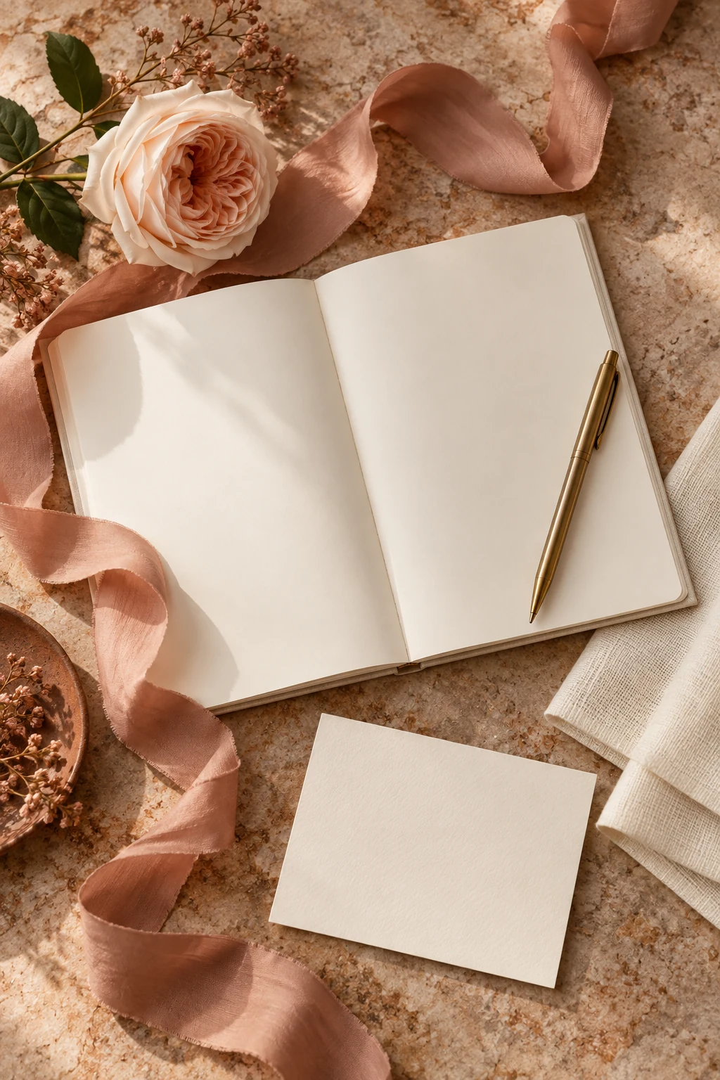 Caderno de planejamento, fita de seda e uma rosa em tons delicados. Composição ilustrativa.